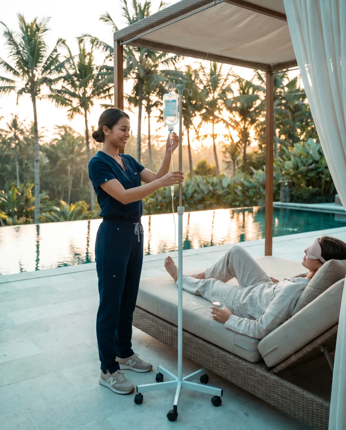 A nurse setting up an NAD+ IV drip for a guest relaxing poolside at a Bali villa at sunset